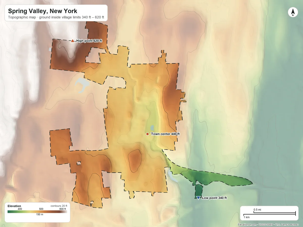 Topographic elevation map of Spring Valley, New York, shaded from 340 ft on the southeast side to 620 ft on the northwest side