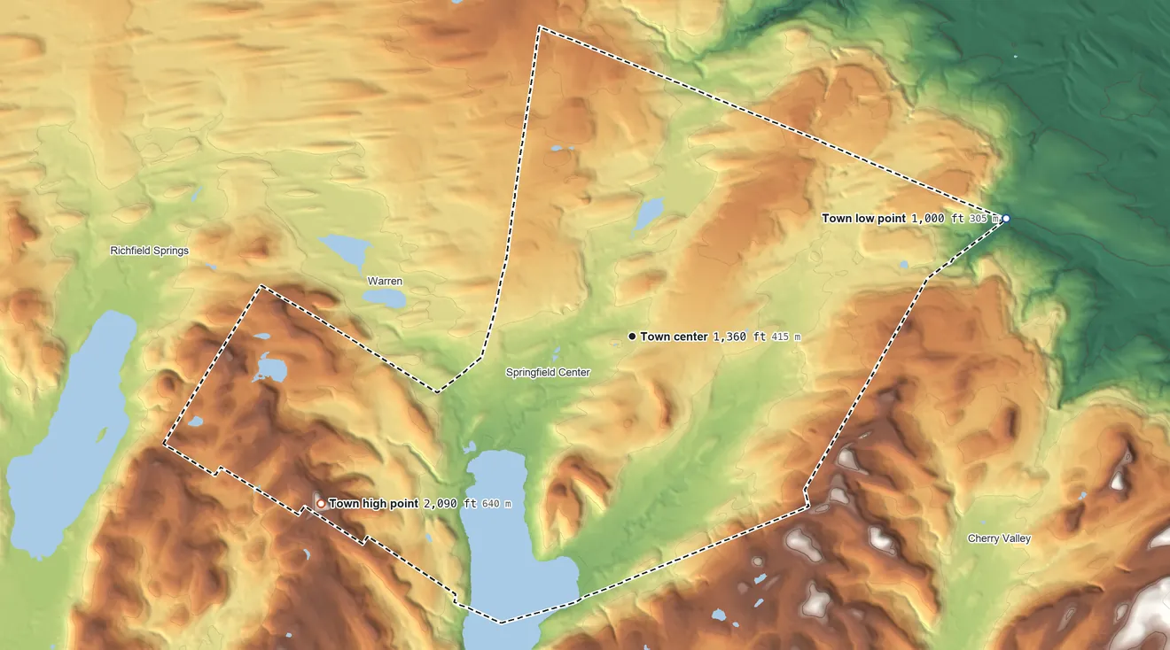 Topographic elevation map of Springfield, New York, shaded from 1,000 ft on the east side to 2,090 ft on Rum Hill