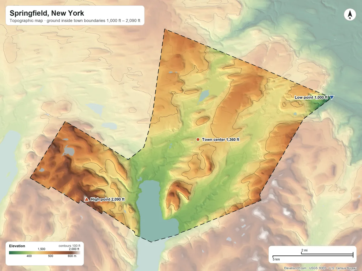 Topographic elevation map of Springfield, New York, shaded from 1,000 ft on the east side to 2,090 ft on Rum Hill