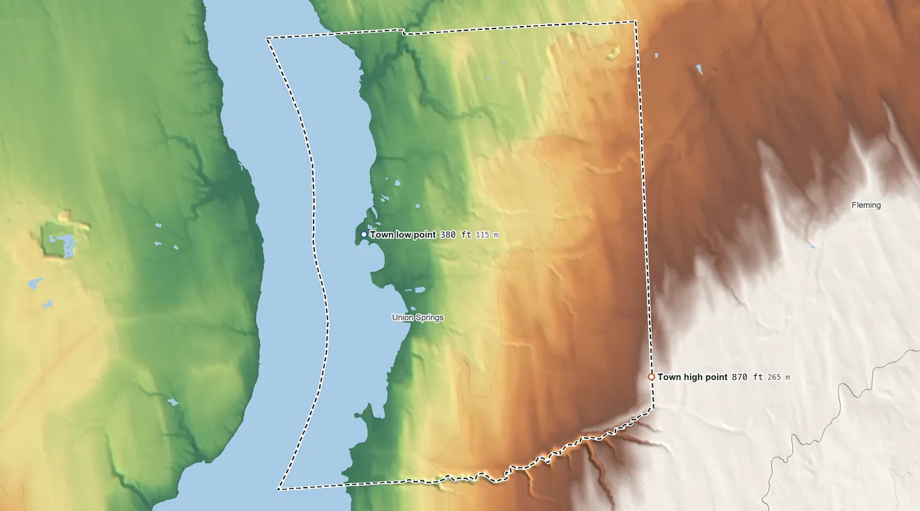 Topographic elevation map of Springport, New York, shaded from 380 ft on the northwest side to 870 ft on the southeast side