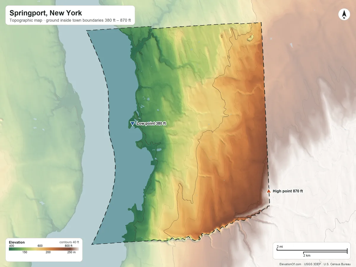 Topographic elevation map of Springport, New York, shaded from 380 ft on the northwest side to 870 ft on the southeast side