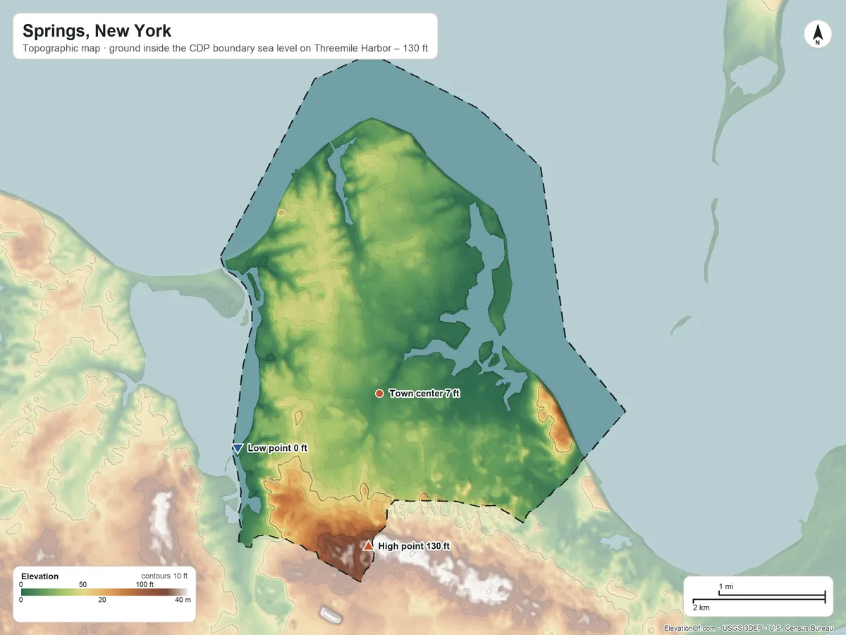 Topographic elevation map of Springs, New York, shaded from sea level level on Threemile Harbor to 130 ft on the south side