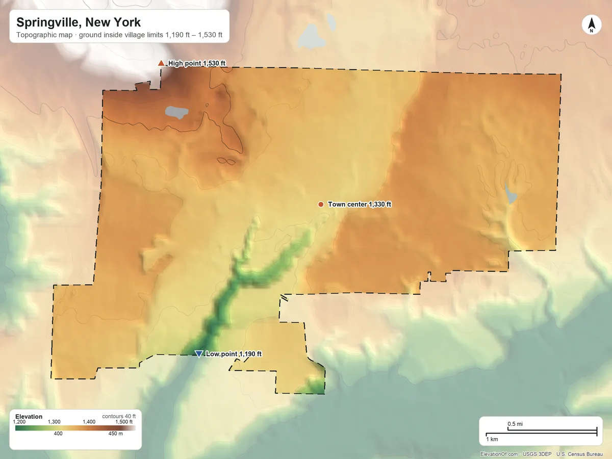 Topographic elevation map of Springville, New York, shaded from 1,190 ft on the southwest side to 1,530 ft on the northwest side