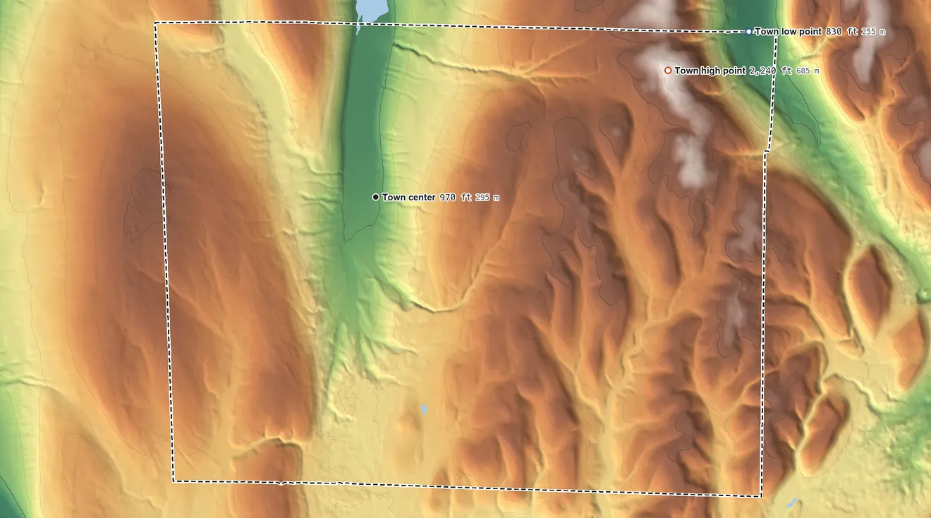 Topographic elevation map of Springwater, New York, shaded from 830 ft on the northeast side to 2,240 ft on the northeast side