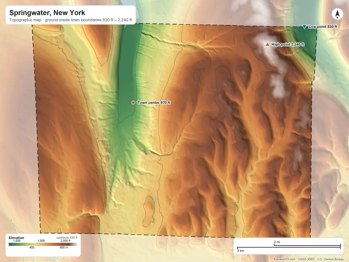 Topographic elevation map of Springwater, New York, shaded from 830 ft on the northeast side to 2,240 ft on the northeast side