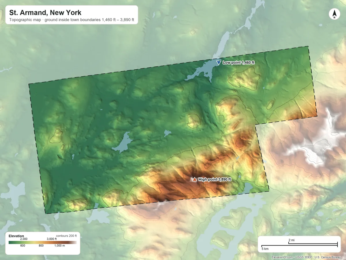 Topographic elevation map of St. Armand, New York, shaded from 1,460 ft on the east side to 3,890 ft on Moose Mountain