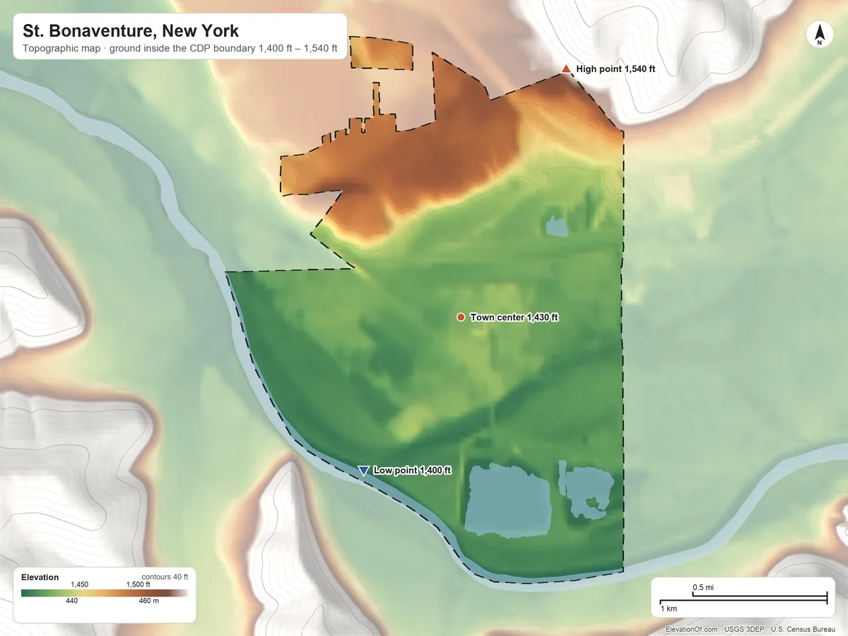 Topographic elevation map of St. Bonaventure, New York, shaded from 1,400 ft on the southwest side to 1,540 ft on the northeast edge, below higher ground just outside