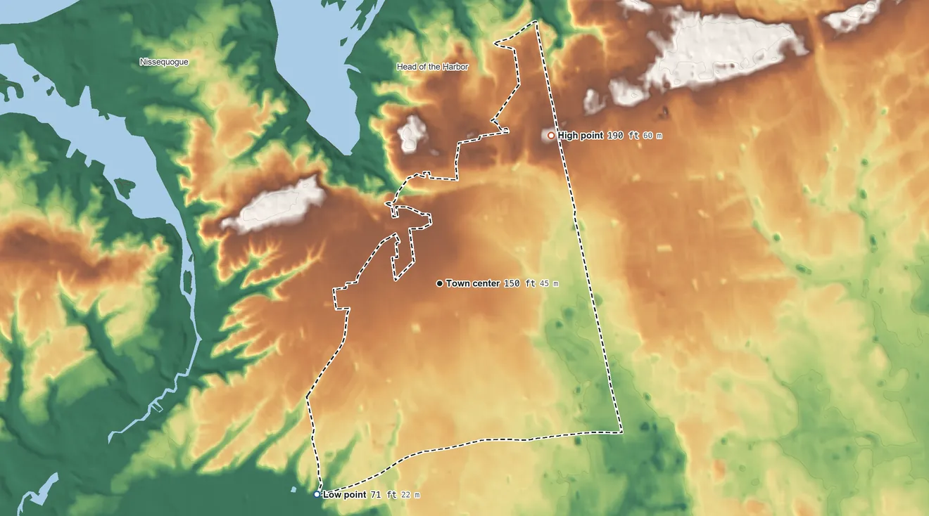 Topographic elevation map of St. James, New York, shaded from 71 ft on the southwest side to 190 ft on the northeast side