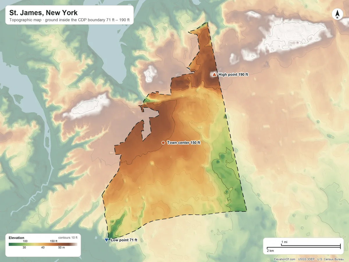 Topographic elevation map of St. James, New York, shaded from 71 ft on the southwest side to 190 ft on the northeast side