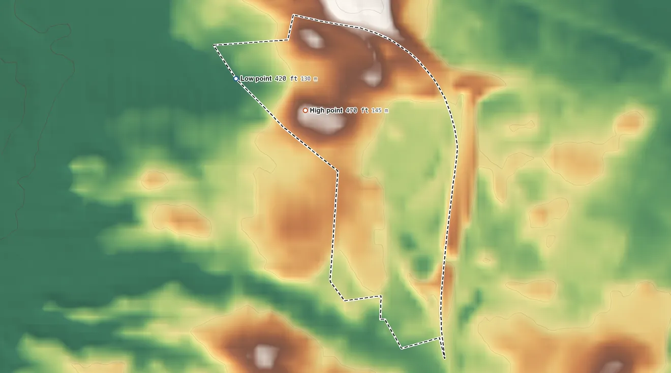 Topographic elevation map of St. John Fisher College, New York, shaded from 420 ft on the west side to 470 ft on the west side