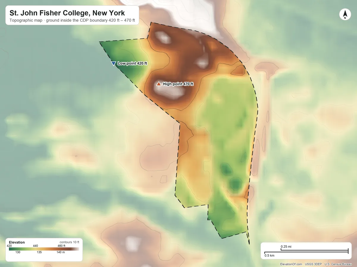 Topographic elevation map of St. John Fisher College, New York, shaded from 420 ft on the west side to 470 ft on the west side