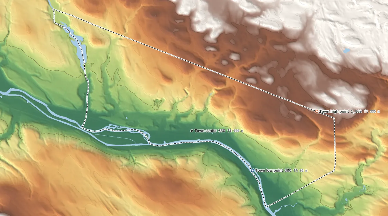 Topographic elevation map of St. Johnsville, New York, shaded from 300 ft on the southeast side to 1,100 ft on the east edge, below higher ground just outside