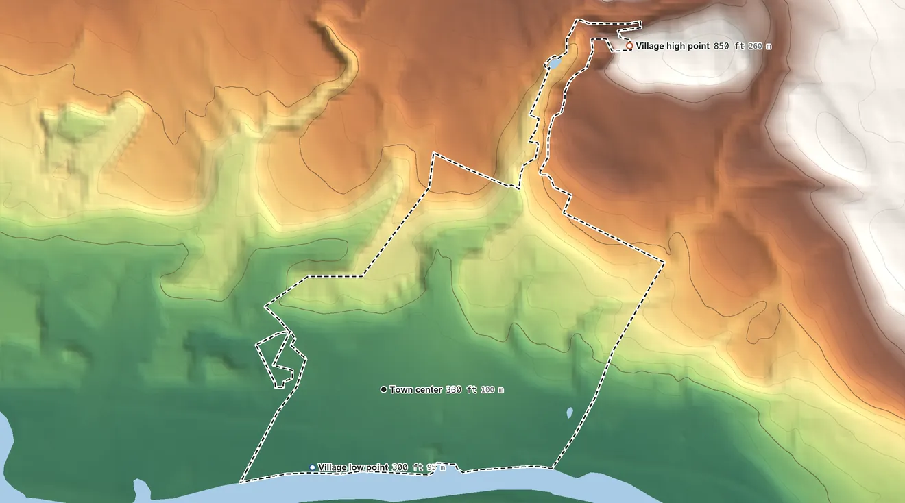 Topographic elevation map of Village of St. Johnsville, New York, shaded from 300 ft on the southwest side to 850 ft on the northeast side