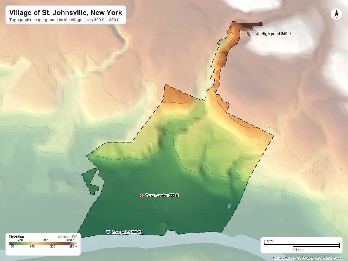 Topographic elevation map of Village of St. Johnsville, New York, shaded from 300 ft on the southwest side to 850 ft on the northeast side