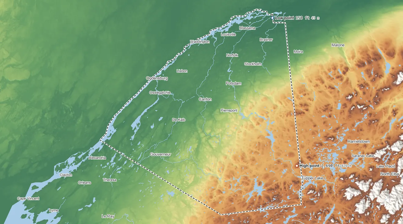 Topographic elevation map of St. Lawrence County, New York, shaded from 150 ft on the northeast side to 2,690 ft on Mount Matumbla