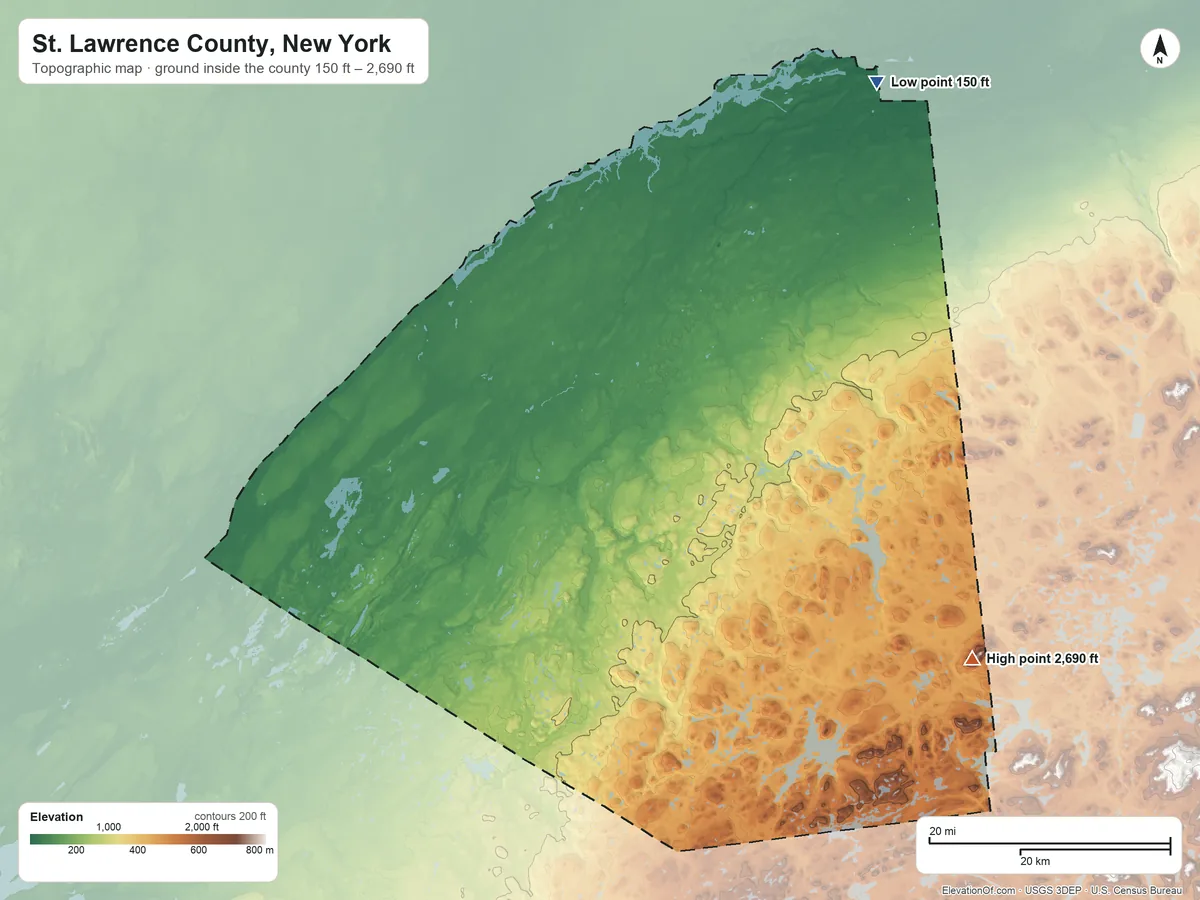 Topographic elevation map of St. Lawrence County, New York, shaded from 150 ft on the northeast side to 2,690 ft on Mount Matumbla