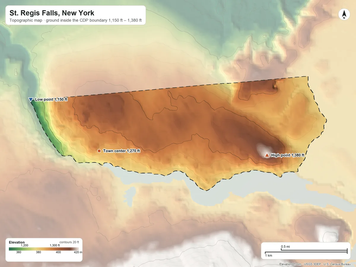 Topographic elevation map of St. Regis Falls, New York, shaded from 1,150 ft on the northwest side to 1,380 ft on the east side