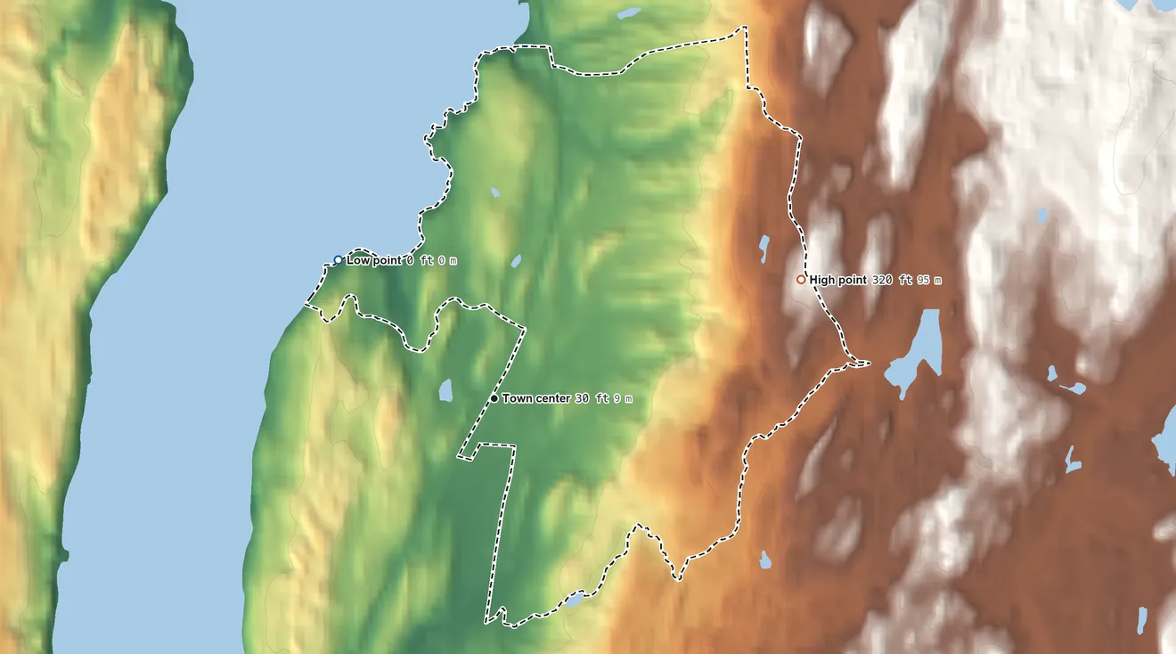Topographic elevation map of Staatsburg, New York, shaded from 0 ft on the northwest side to 320 ft on the east side