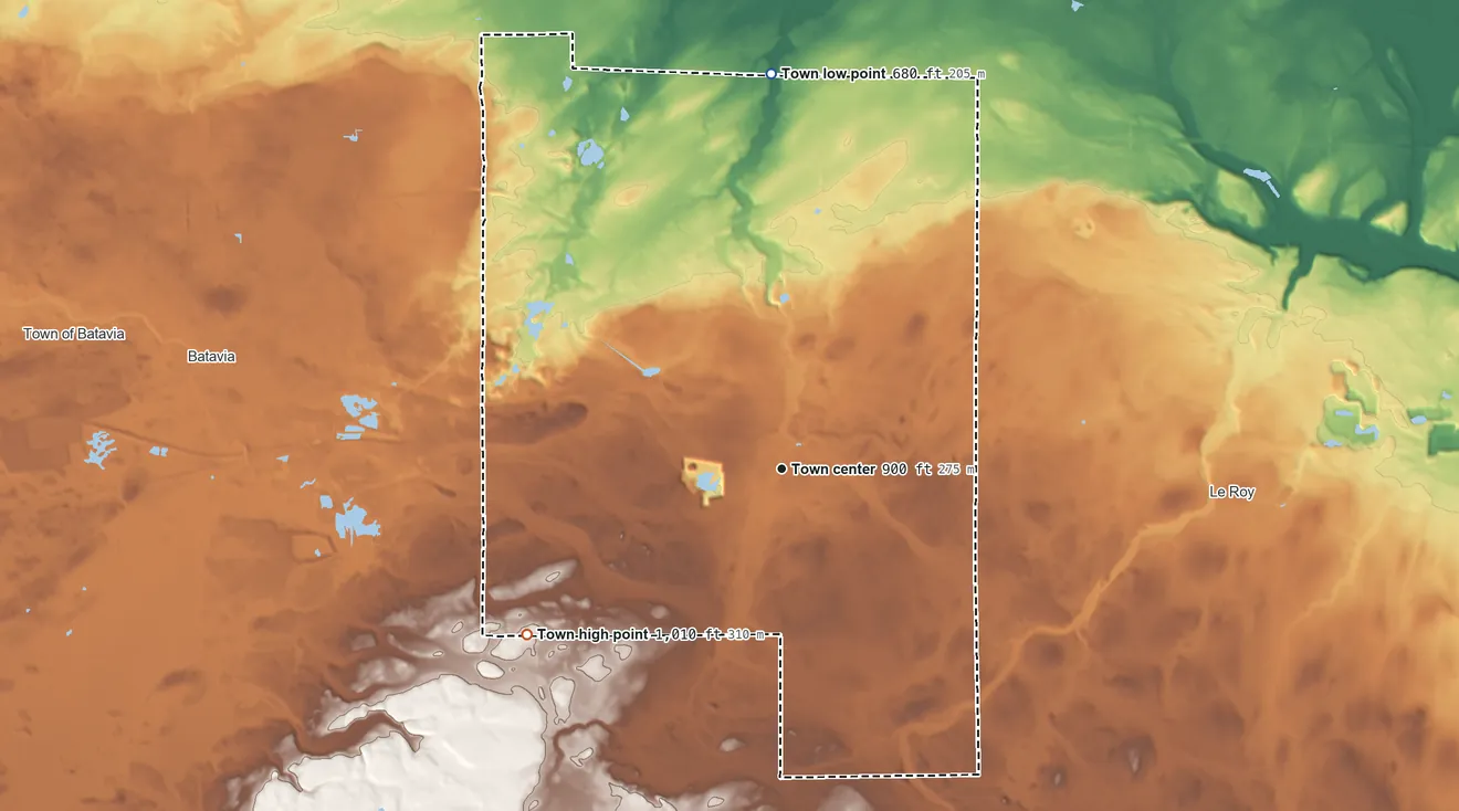 Topographic elevation map of Stafford, New York, shaded from 680 ft on the north side to 1,010 ft on the southwest side