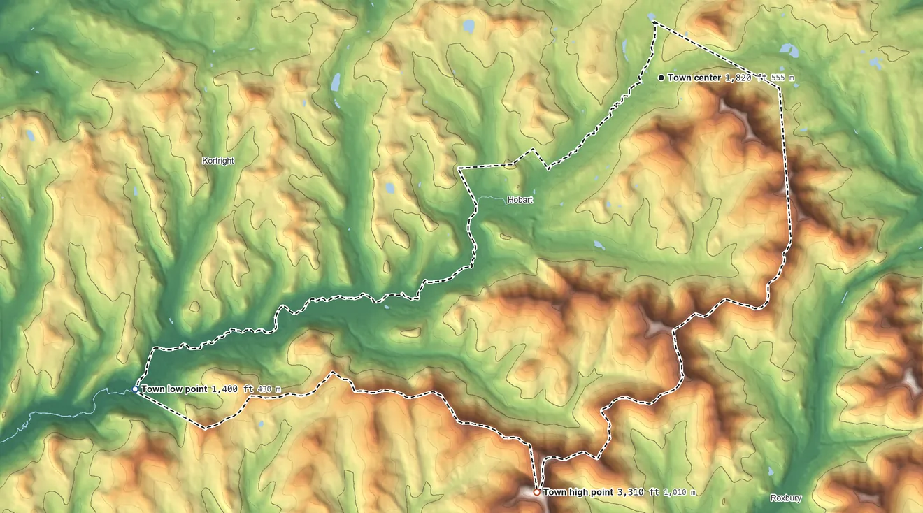 Topographic elevation map of Stamford, New York, shaded from 1,400 ft on the southwest side to 3,310 ft on the south side