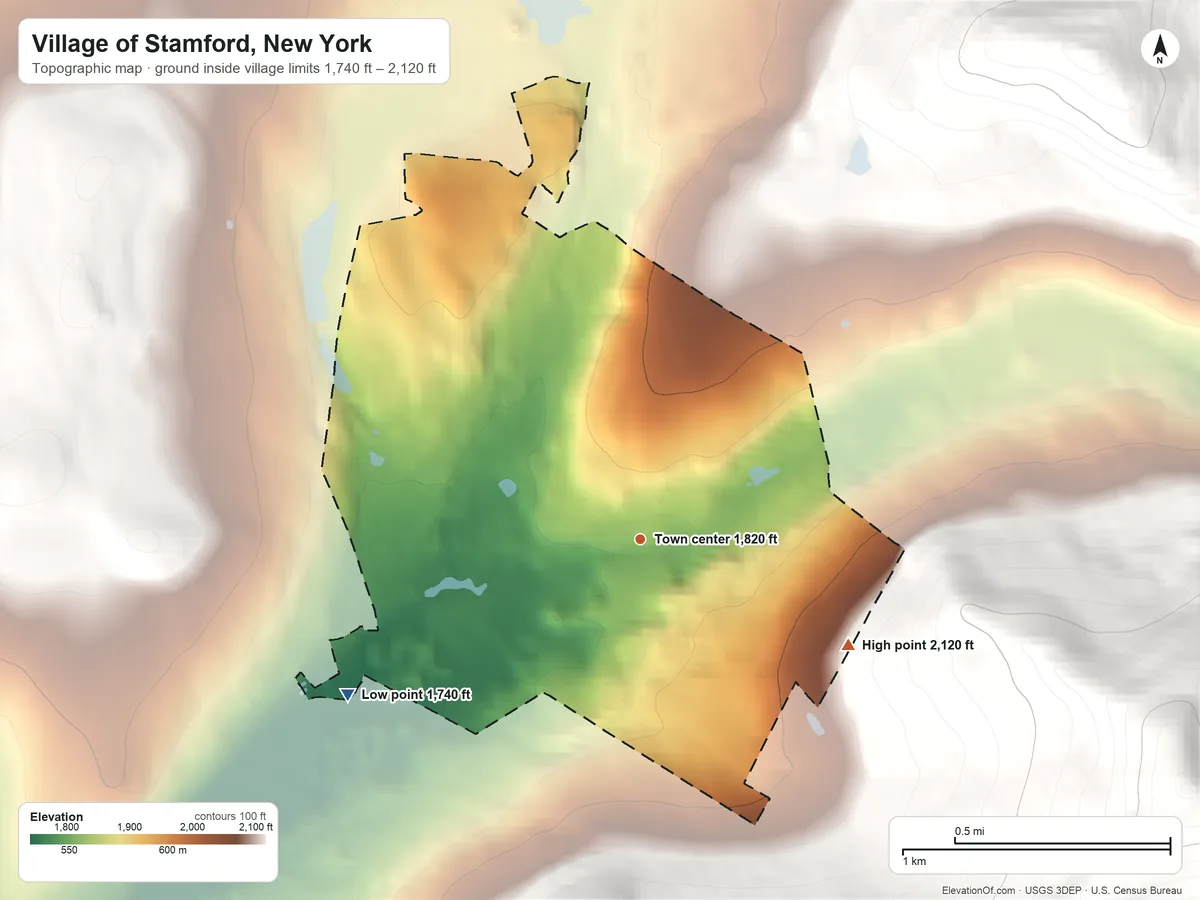 Topographic elevation map of Village of Stamford, New York, shaded from 1,740 ft on the southwest side to 2,120 ft at the foot of the Moresville Range