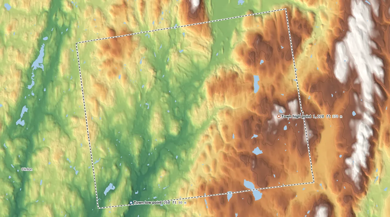 Topographic elevation map of Stanford, New York, shaded from 260 ft on the southwest side to 1,220 ft on the east side
