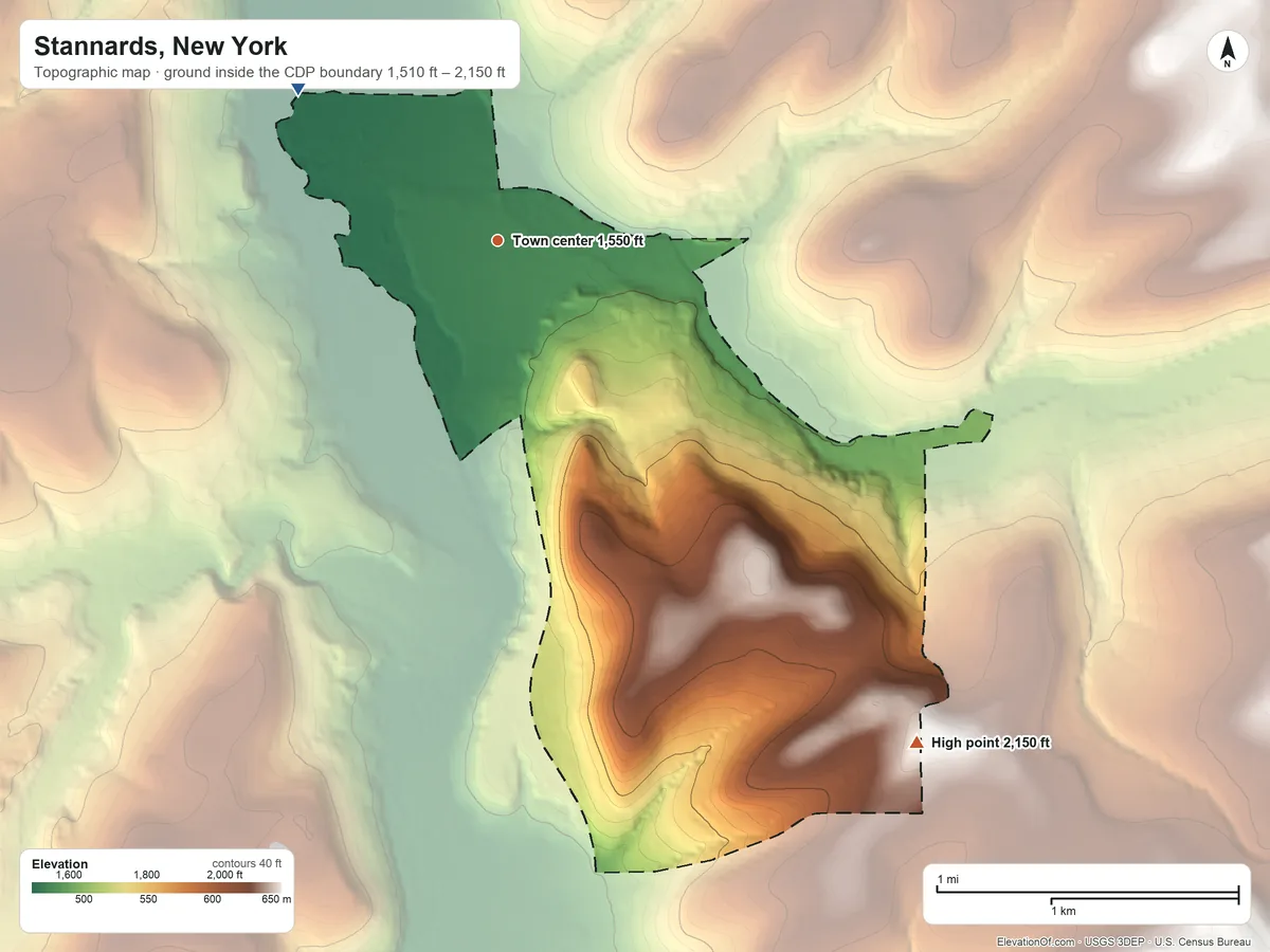 Topographic elevation map of Stannards, New York, shaded from 1,510 ft on the northwest side to 2,150 ft on the southeast side