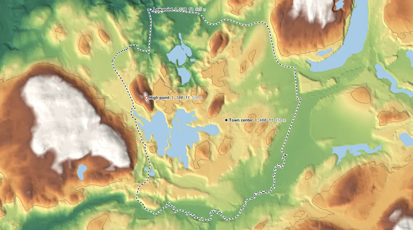 Topographic elevation map of Star Lake, New York, shaded from 1,330 ft on the northwest side to 1,700 ft on the west side
