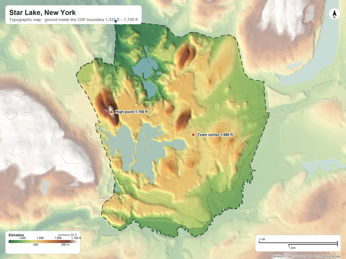 Topographic elevation map of Star Lake, New York, shaded from 1,330 ft on the northwest side to 1,700 ft on the west side