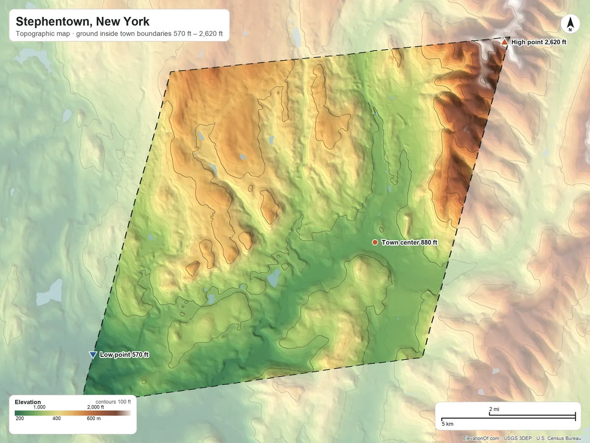 Topographic elevation map of Stephentown, New York, shaded from 570 ft on the west side to 2,620 ft on the northeast side