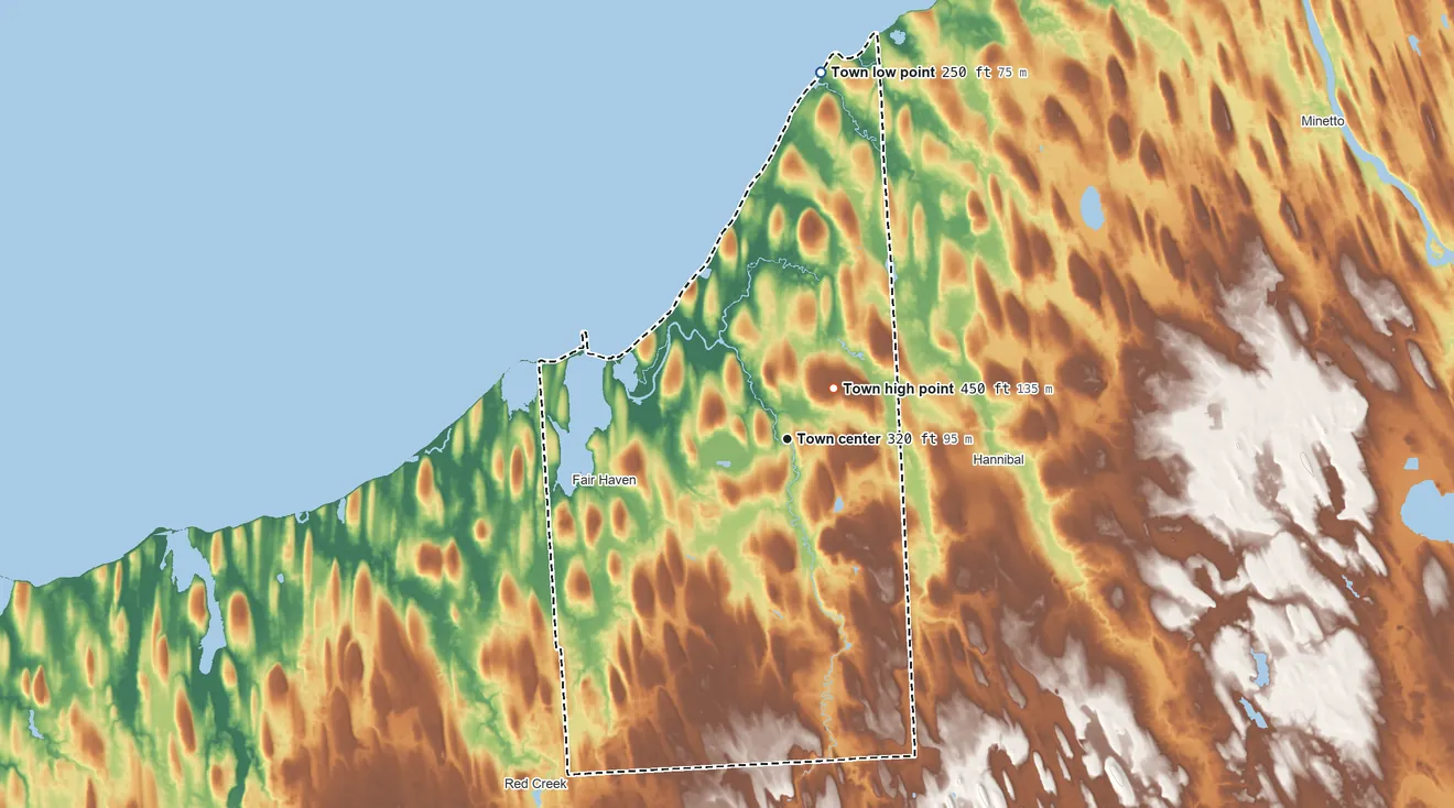 Topographic elevation map of Sterling, New York, shaded from 250 ft on the north side to 450 ft near the middle