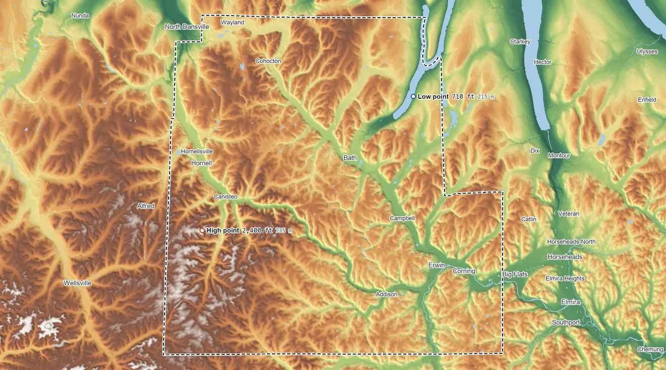 Topographic elevation map of Steuben County, New York, shaded from 710 ft on the northeast side to 2,400 ft on Call Hill