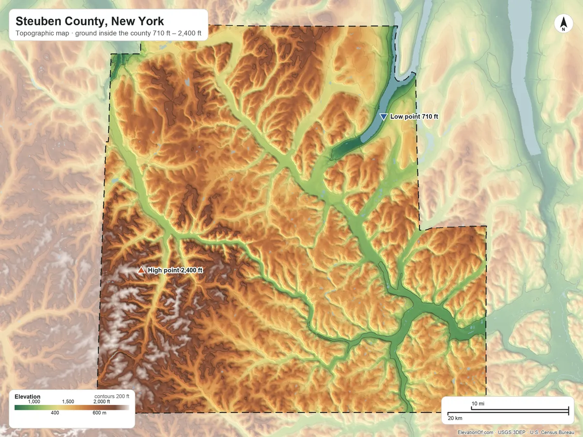 Topographic elevation map of Steuben County, New York, shaded from 710 ft on the northeast side to 2,400 ft on Call Hill