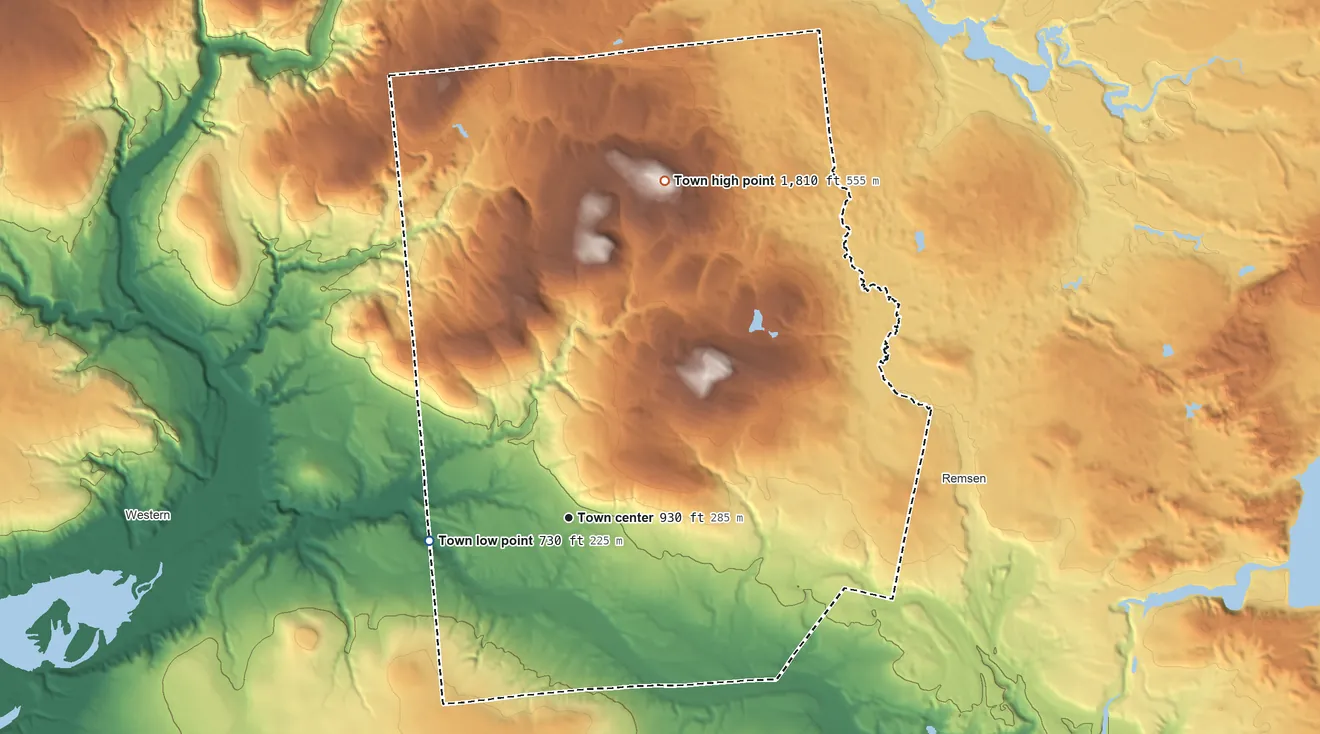 Topographic elevation map of Steuben, New York, shaded from 730 ft on the west side to 1,814 ft on Penn Mountain