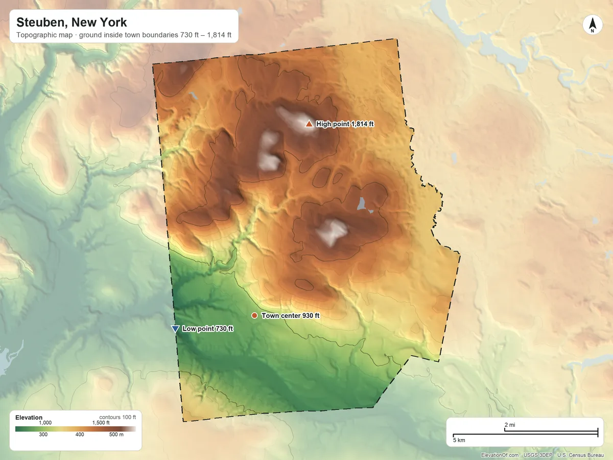 Topographic elevation map of Steuben, New York, shaded from 730 ft on the west side to 1,814 ft on Penn Mountain