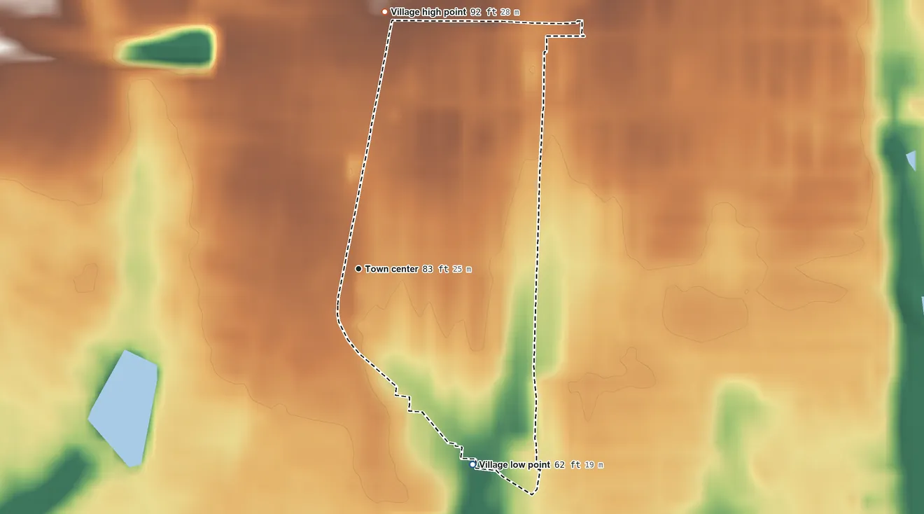 Topographic elevation map of Stewart Manor, New York, shaded from 62 ft on the southeast side to 92 ft on the north side