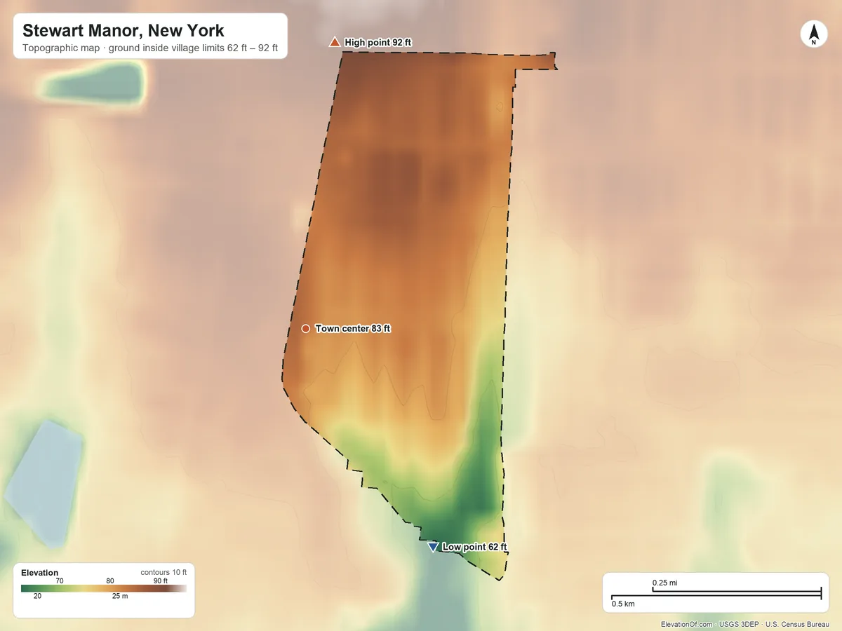 Topographic elevation map of Stewart Manor, New York, shaded from 62 ft on the southeast side to 92 ft on the north side