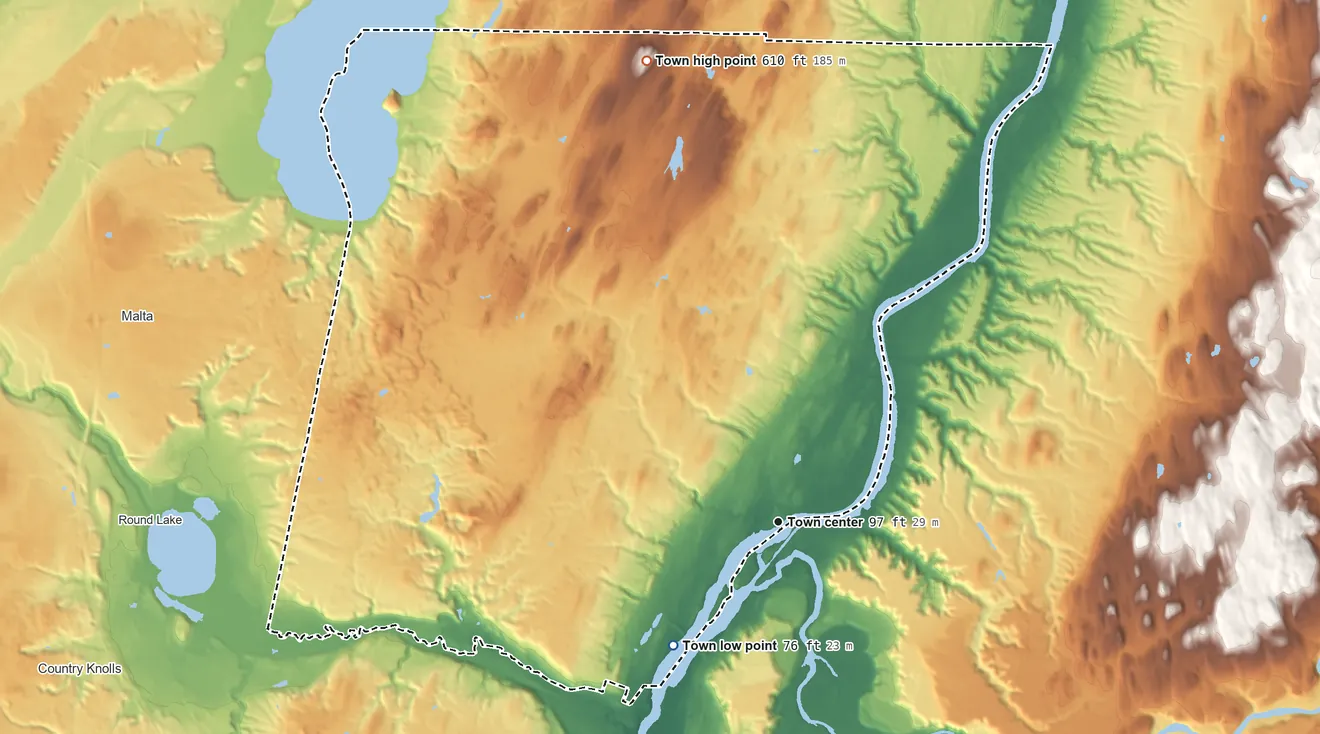 Topographic elevation map of Stillwater, New York, shaded from 76 ft on the southwest side to 610 ft on the north side