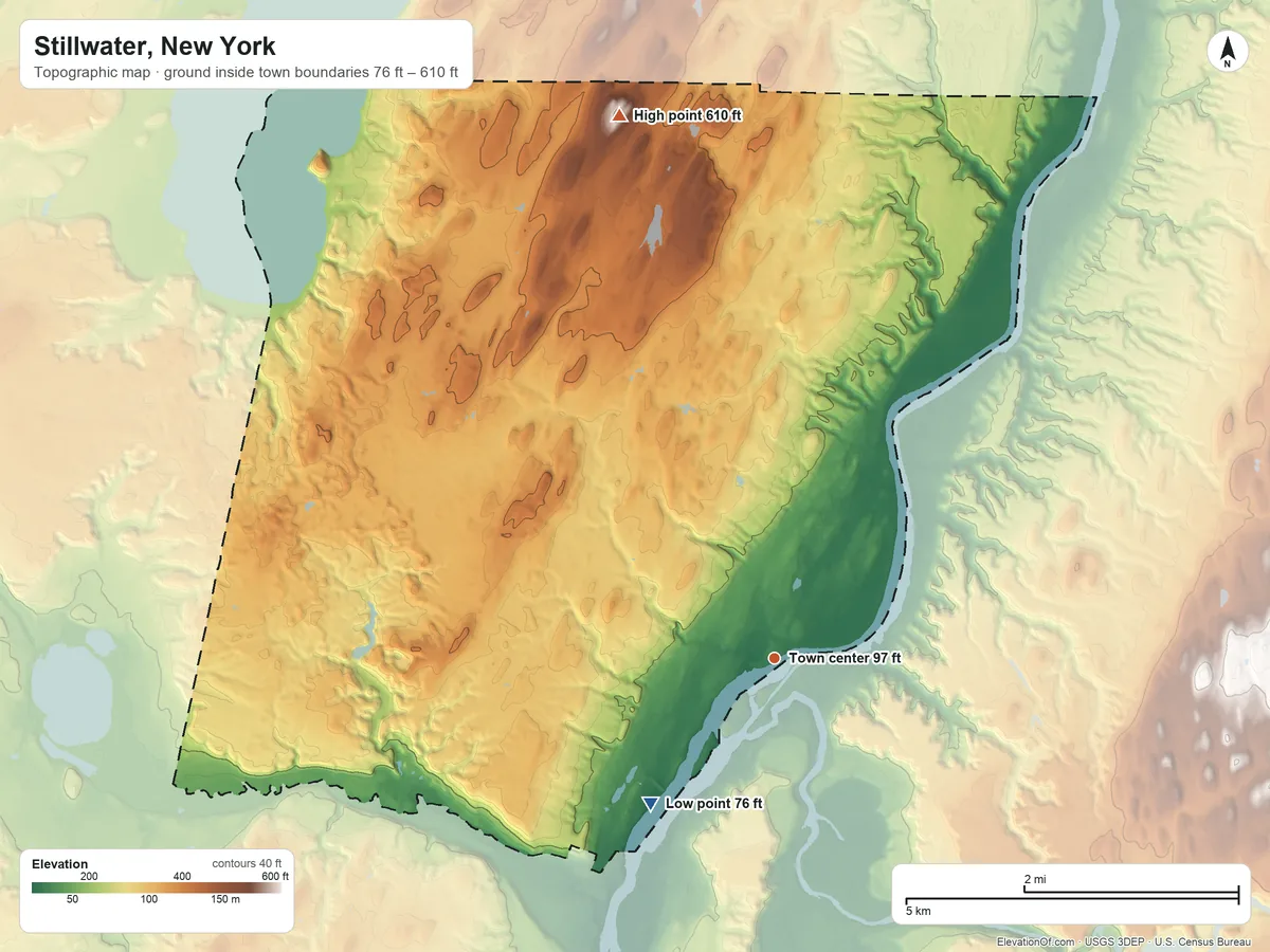 Topographic elevation map of Stillwater, New York, shaded from 76 ft on the southwest side to 610 ft on the north side
