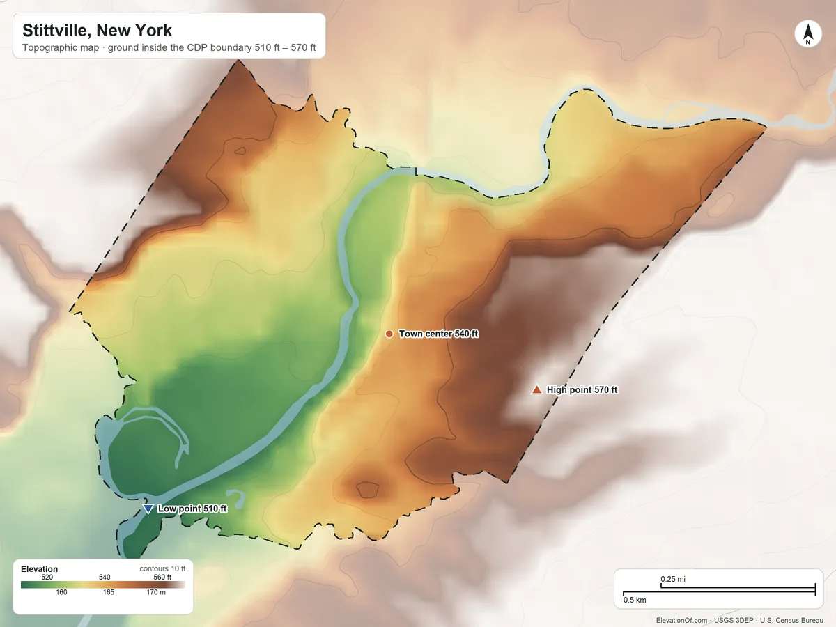 Topographic elevation map of Stittville, New York, shaded from 510 ft on the southwest side to 570 ft on the east side