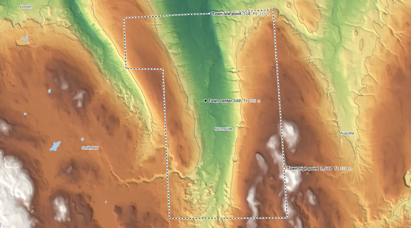 Topographic elevation map of Stockbridge, New York, shaded from 510 ft on the north side to 1,680 ft on the southeast side
