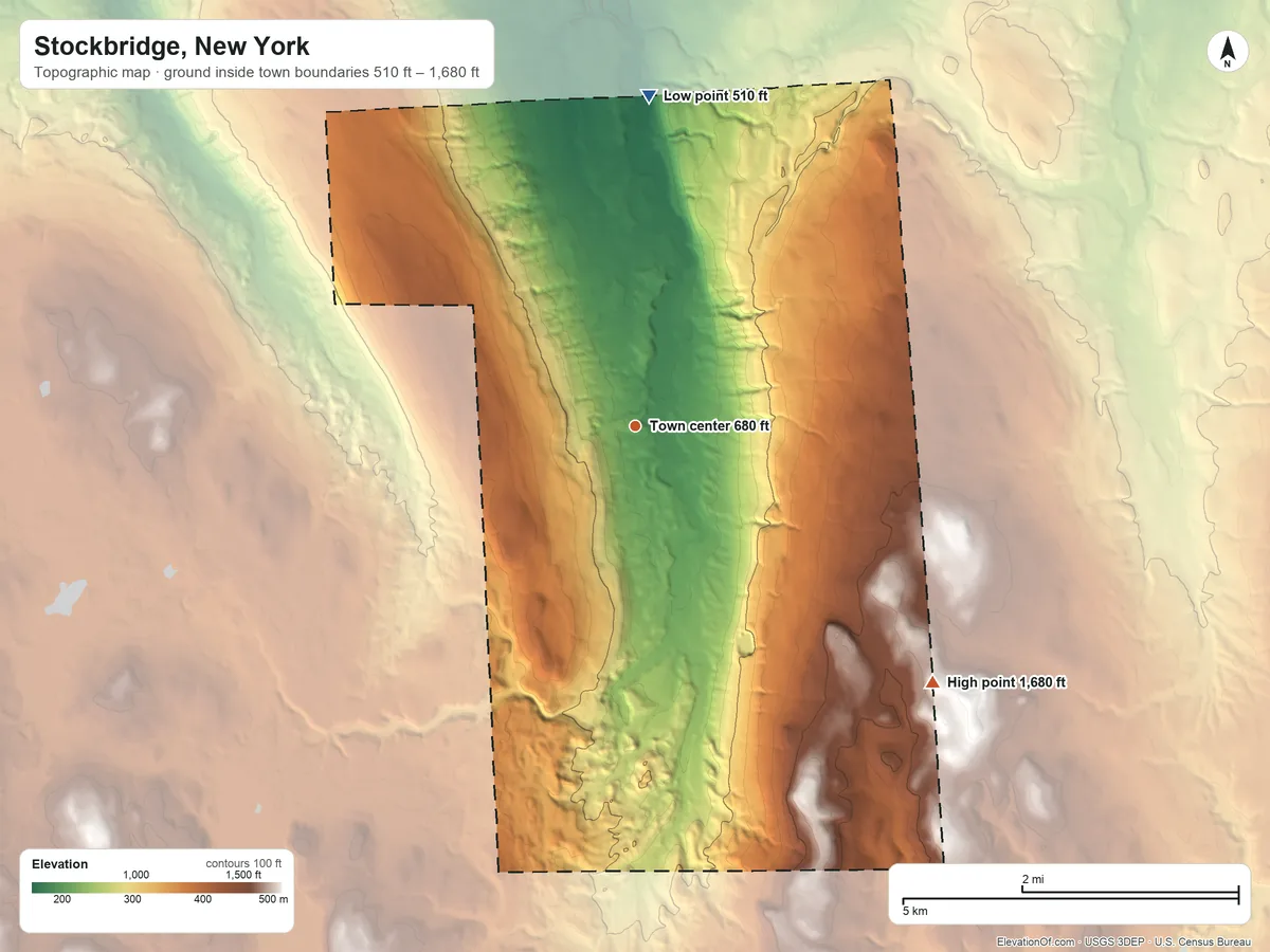 Topographic elevation map of Stockbridge, New York, shaded from 510 ft on the north side to 1,680 ft on the southeast side