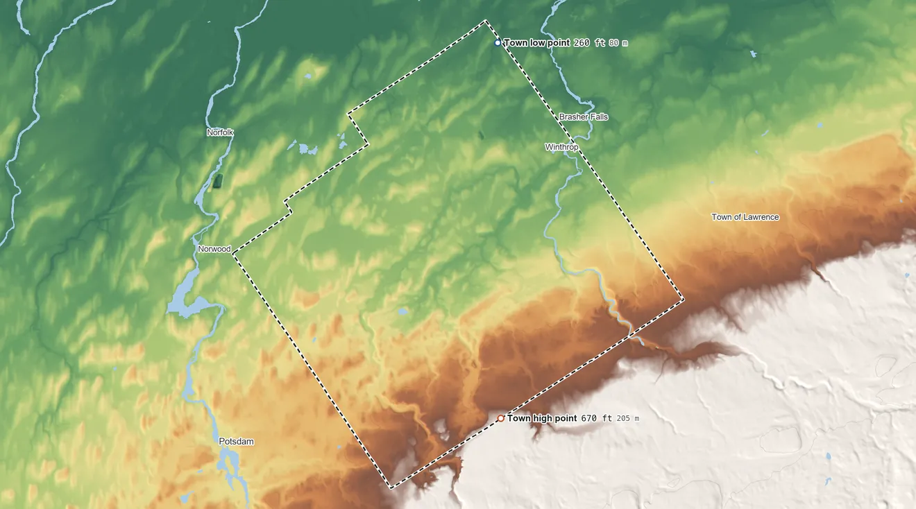 Topographic elevation map of Stockholm, New York, shaded from 260 ft on the north side to 670 ft on the south side