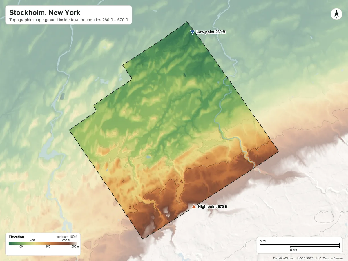 Topographic elevation map of Stockholm, New York, shaded from 260 ft on the north side to 670 ft on the south side