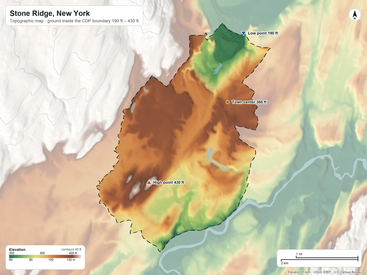 Topographic elevation map of Stone Ridge, New York, shaded from 190 ft on the north side to 430 ft on the southwest side