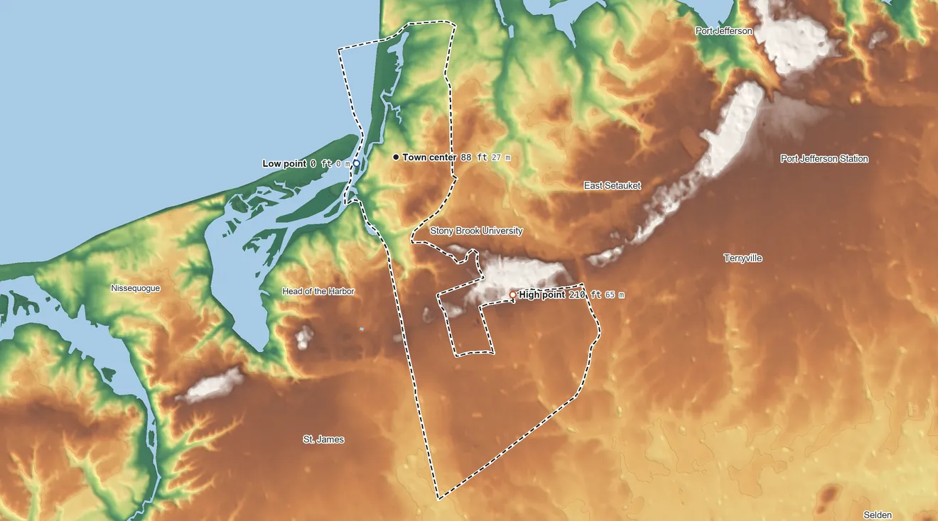 Topographic elevation map of Stony Brook, New York, shaded from sea level level on the Flax Pond to 210 ft on the southeast side