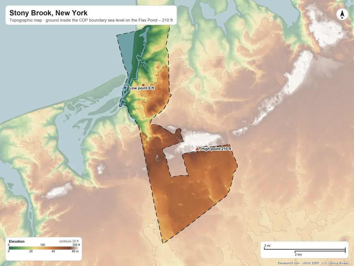 Topographic elevation map of Stony Brook, New York, shaded from sea level level on the Flax Pond to 210 ft on the southeast side