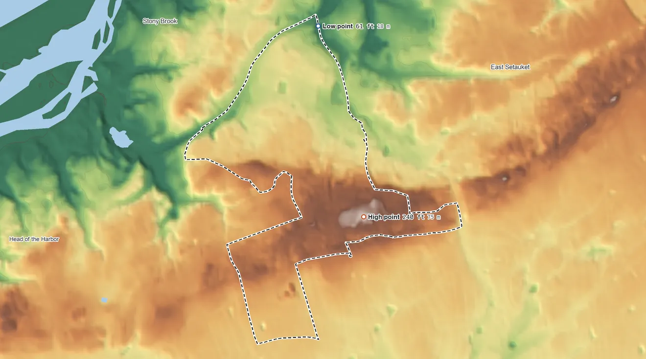 Topographic elevation map of Stony Brook University, New York, shaded from 61 ft on the north side to 240 ft on the southeast side