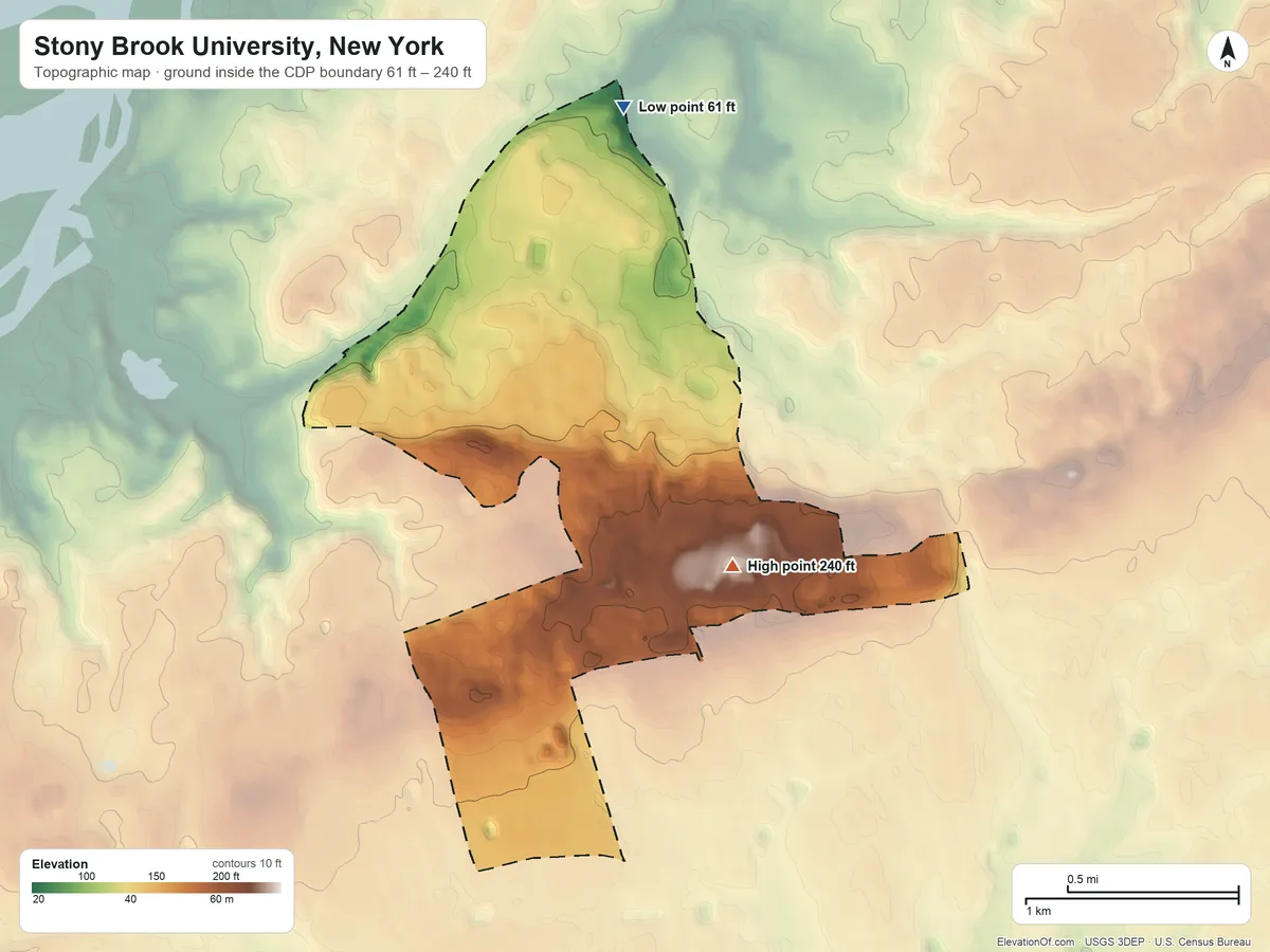 Topographic elevation map of Stony Brook University, New York, shaded from 61 ft on the north side to 240 ft on the southeast side