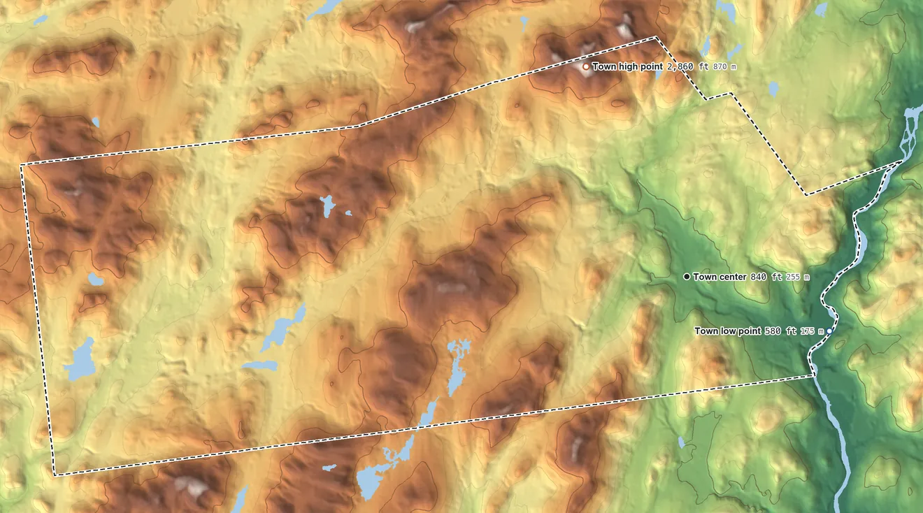 Topographic elevation map of Stony Creek, New York, shaded from 580 ft on the east side to 2,860 ft on Baldhead Mountain